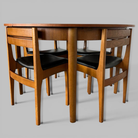 Mid Century Round Teak Dining Table and Nesting Chair Set – Space Saving