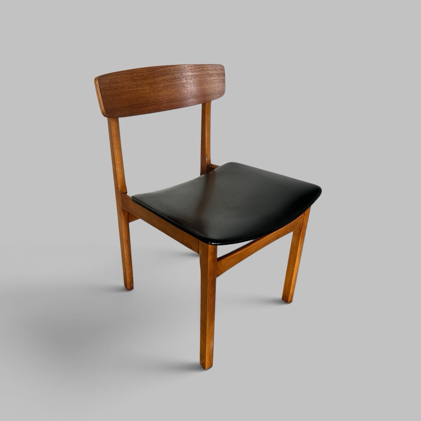 Vintage Teak Dining Chairs with Black Vinyl Seats – Set of Four