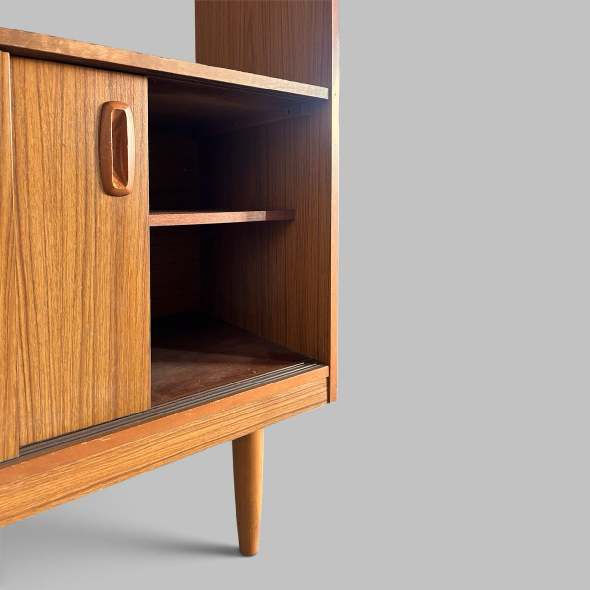 1960s Schreiber Teak Room Divider – Shelving & Sliding Cupboard
