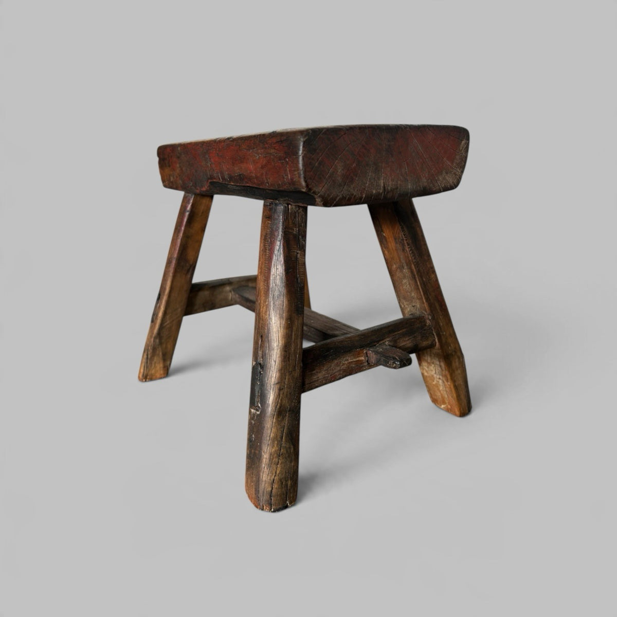 Rustic Elm Stool with Red Paint Patina