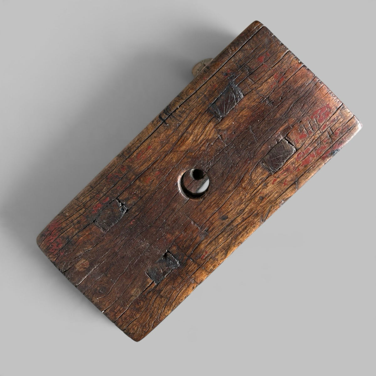 Rustic Elm Stool with Red Paint Patina