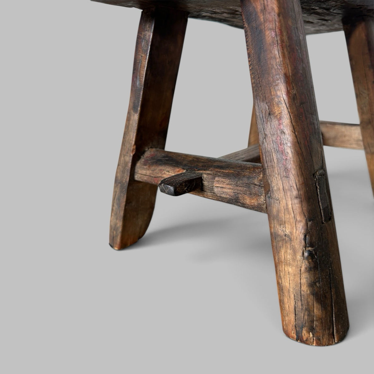 Rustic Elm Stool with Red Paint Patina