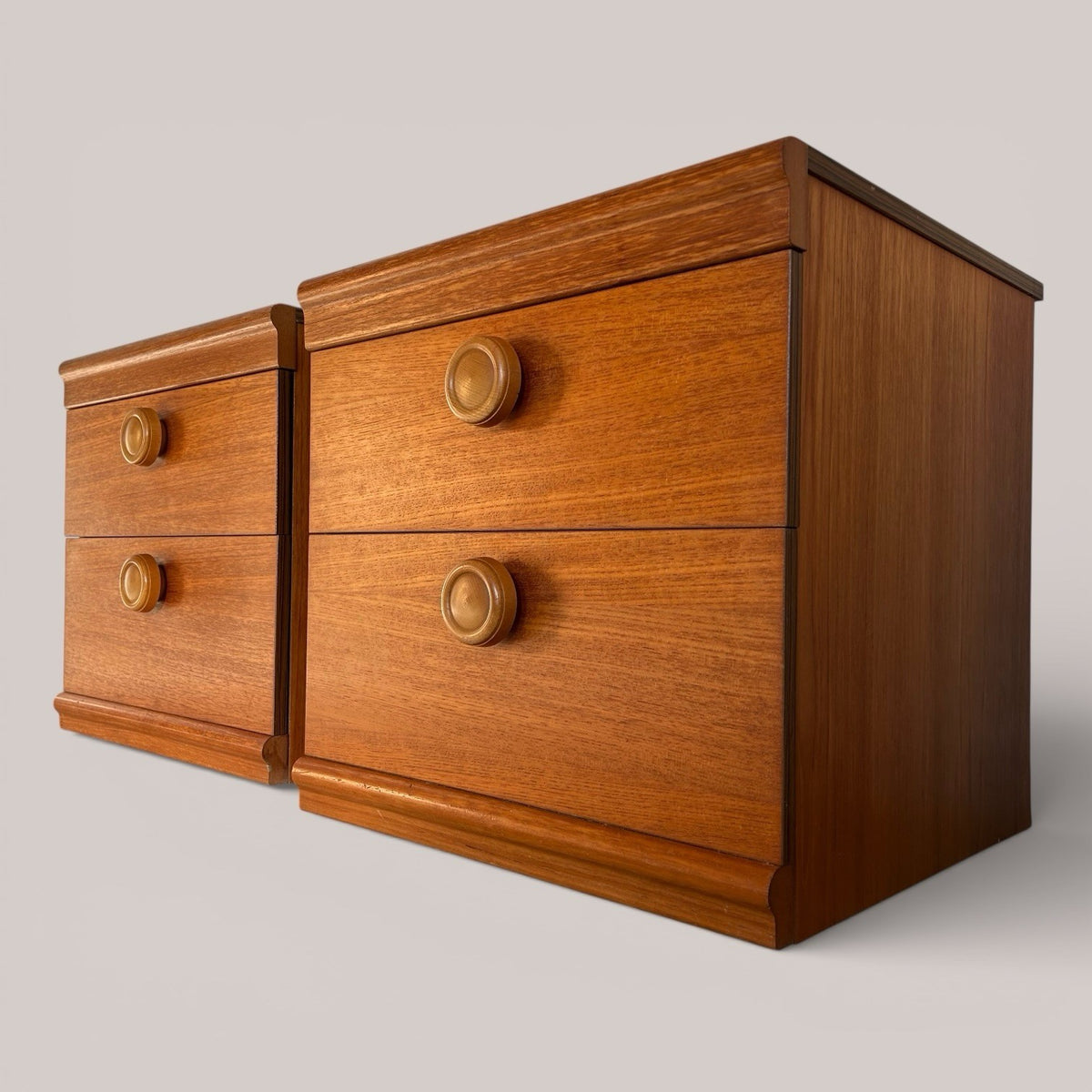 Pair of 1960s Consort Teak Bedside Tables – Mid Century Two Drawer Cabinets
