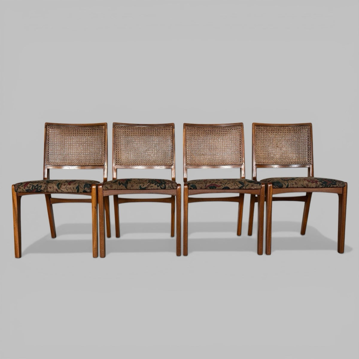 Set of 4 mid century teak dining chairs with cane backs, British vintage