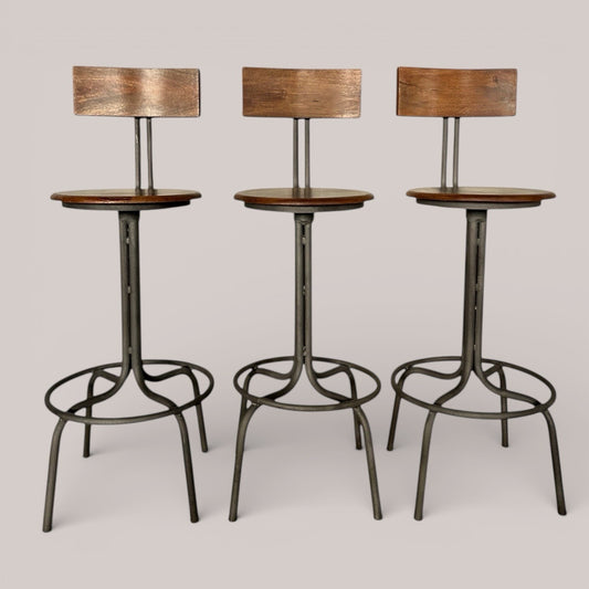Set of Three Industrial Bar Stools with Wooden Seats – Gunmetal Frame