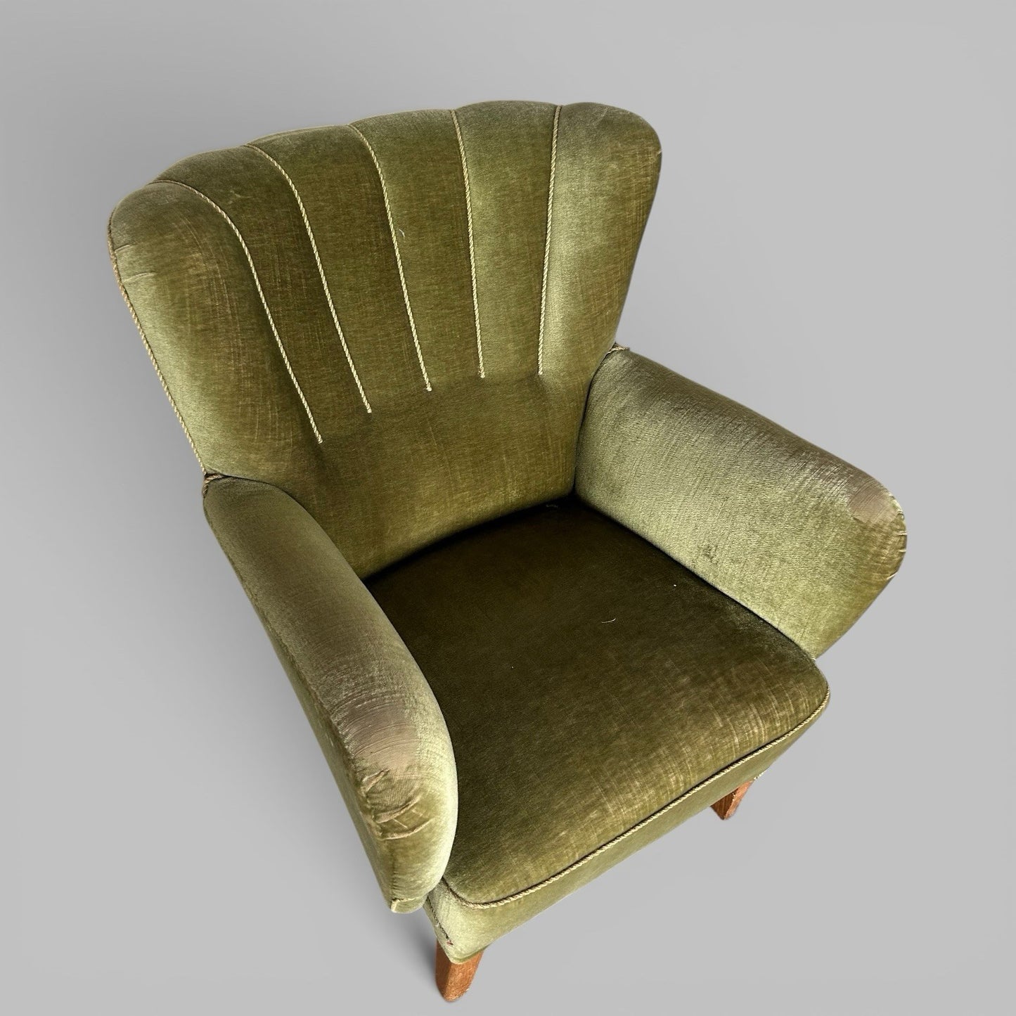 1930s Scallop Back Armchair in Green Velvet