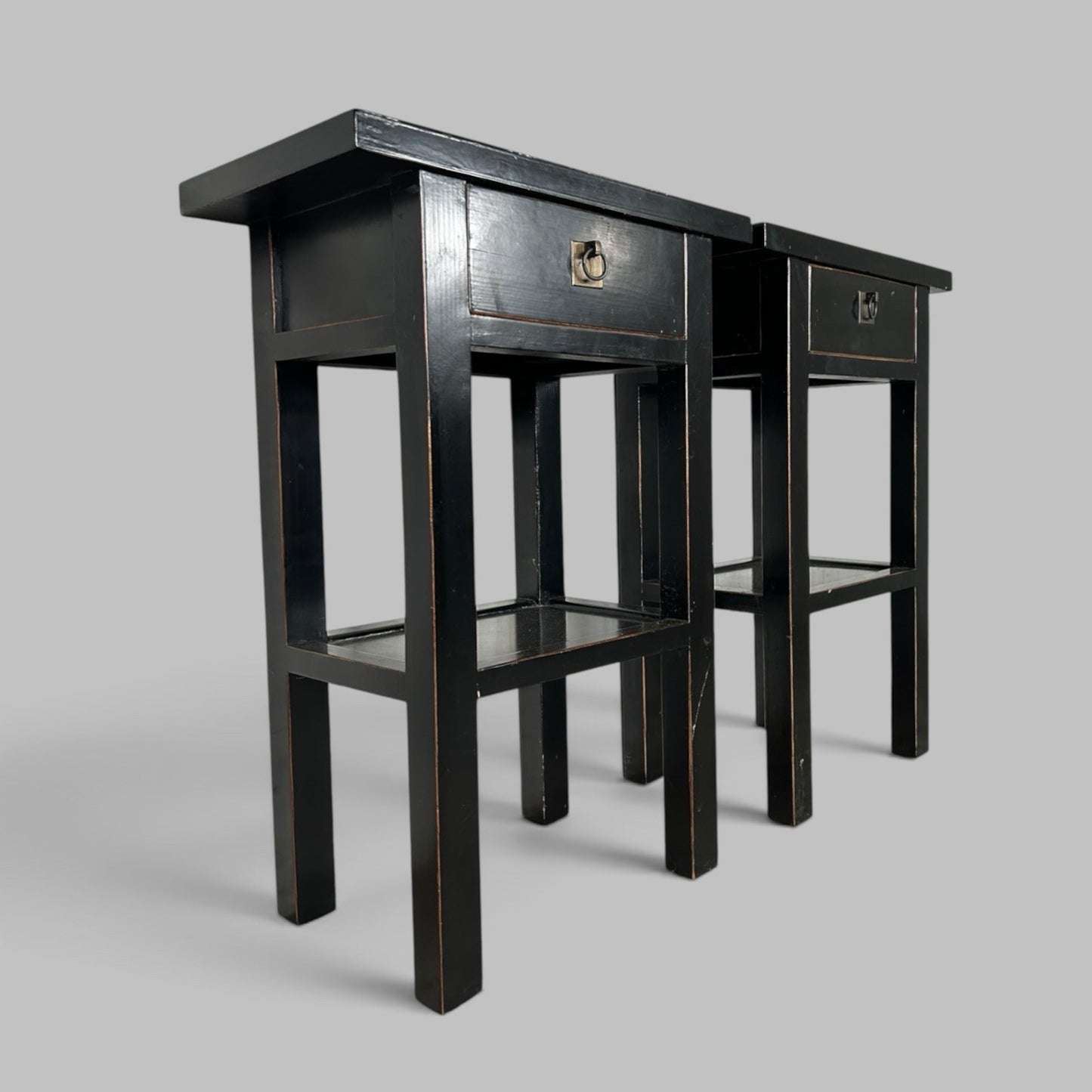 Pair of Black Lacquered Wood Bedside Tables with Drawers