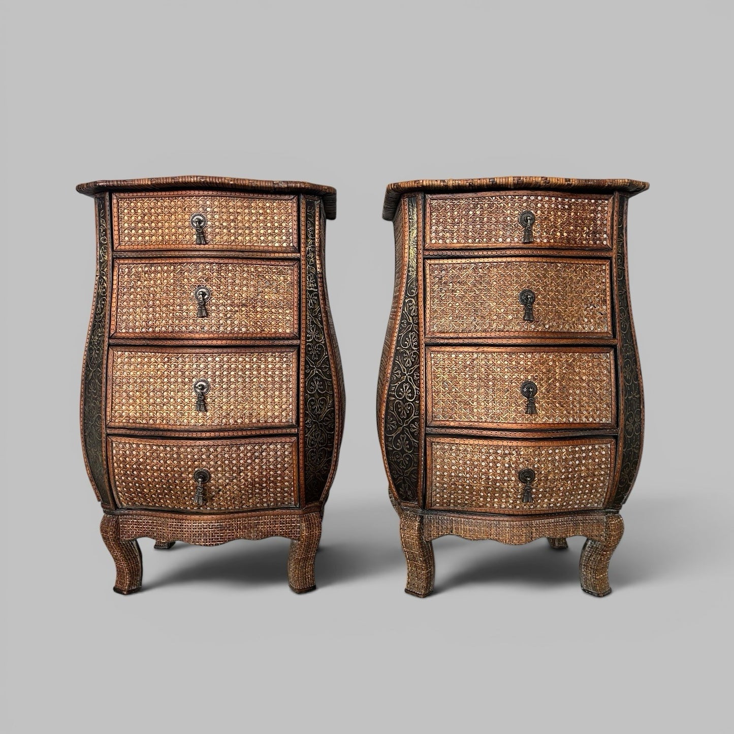 Pair of Boho Rattan Bedside Cabinets – Anglo Indian Style