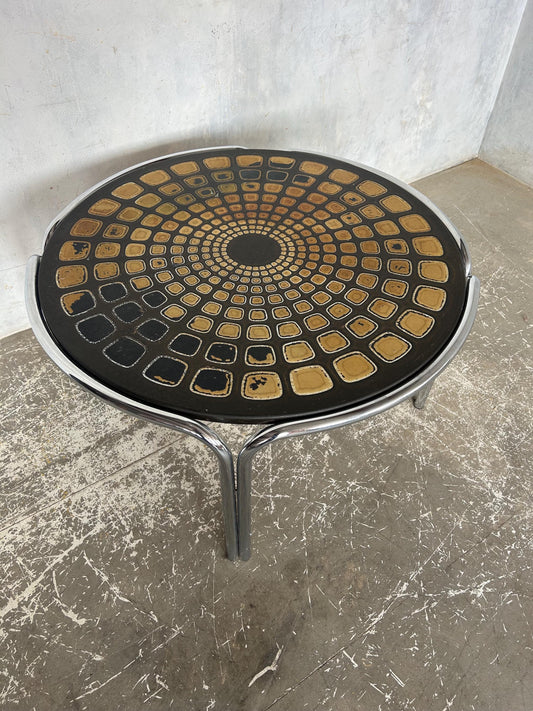 Retro 1970s Circular Coffee Table with Geometric Design