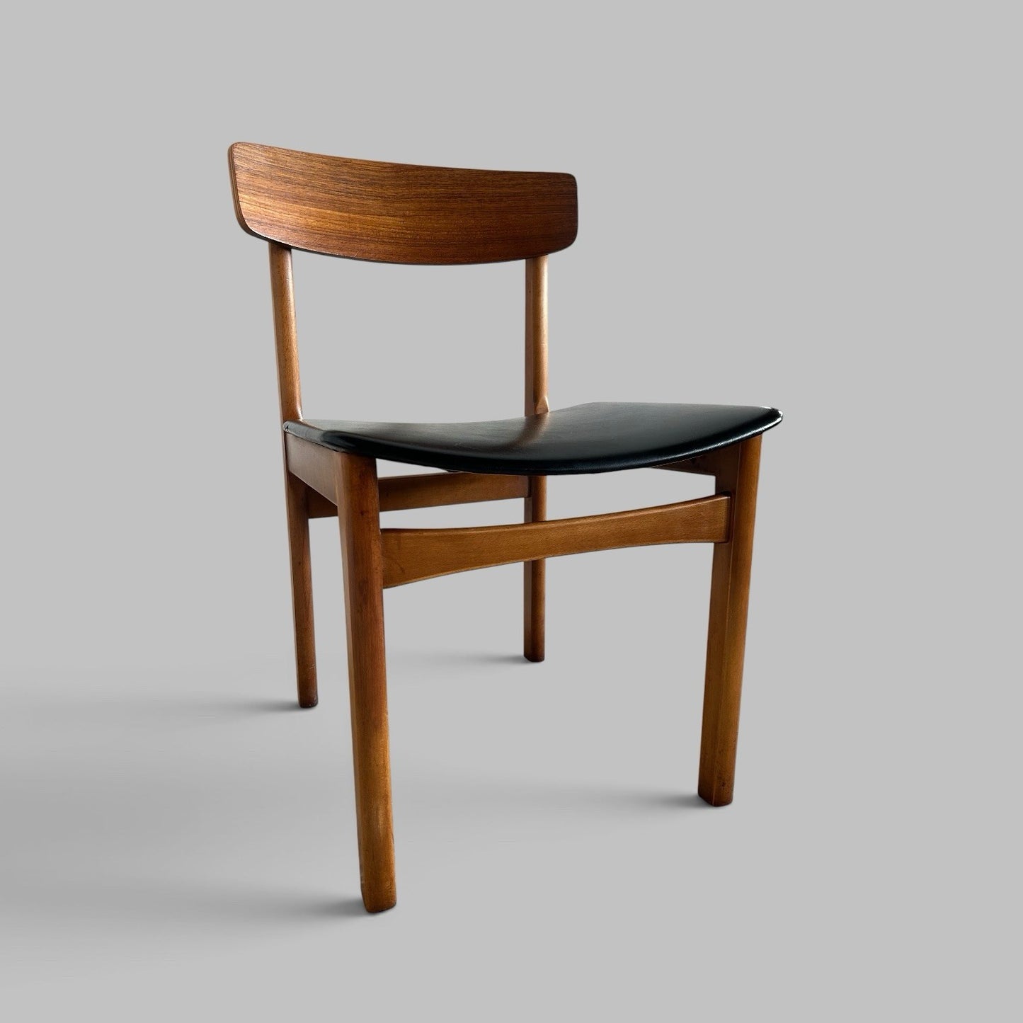 Vintage Teak Dining Chairs with Black Vinyl Seats – Set of Four