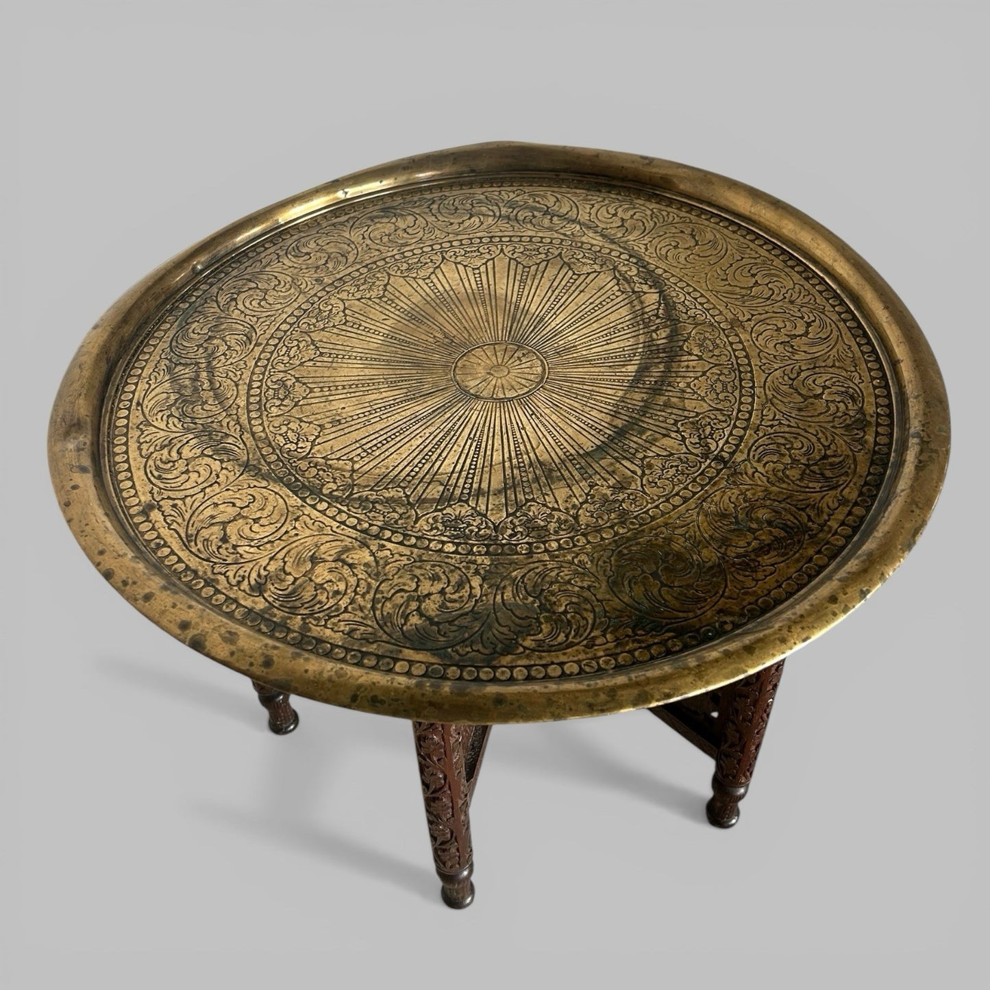 Carved Indian Folding Table with Brass Tray Top – Teak Base
