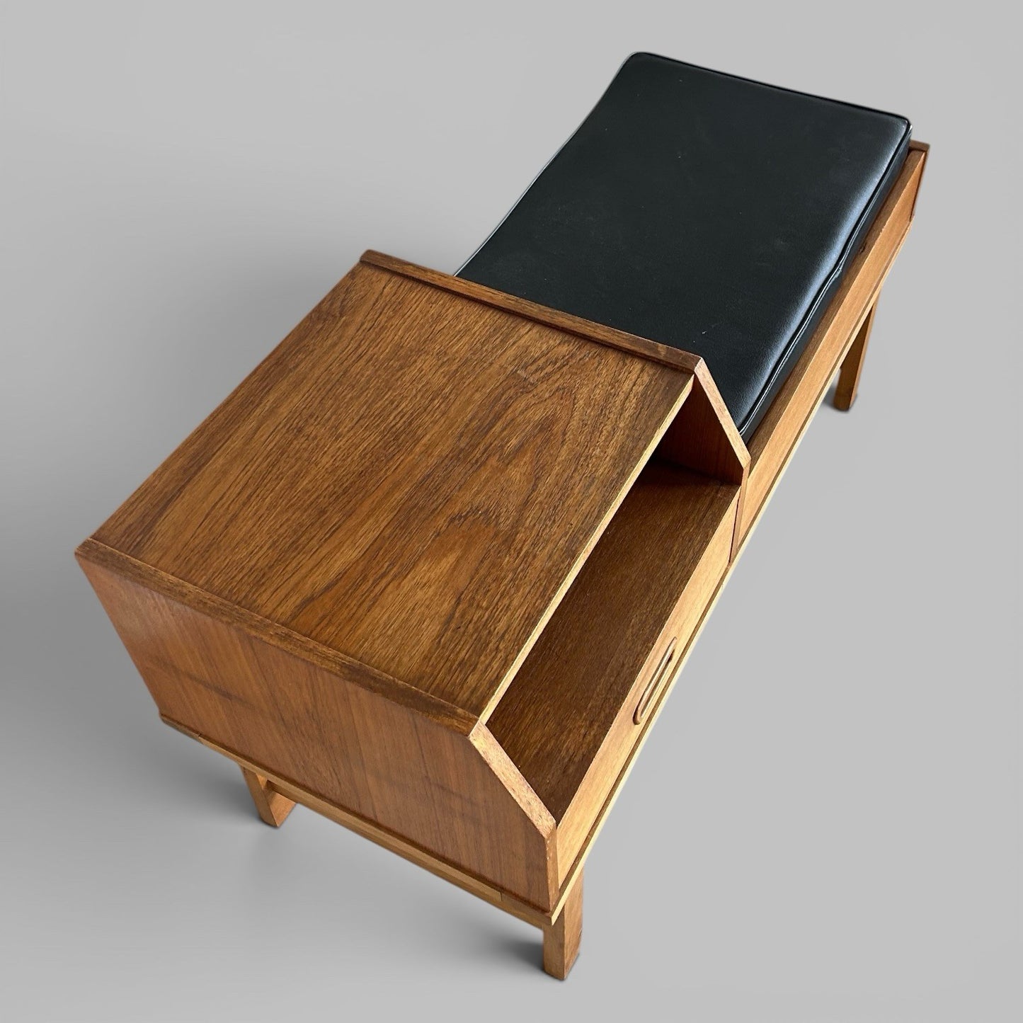 Mid Century Reversible Teak Hall Bench with Side Table & Drawer