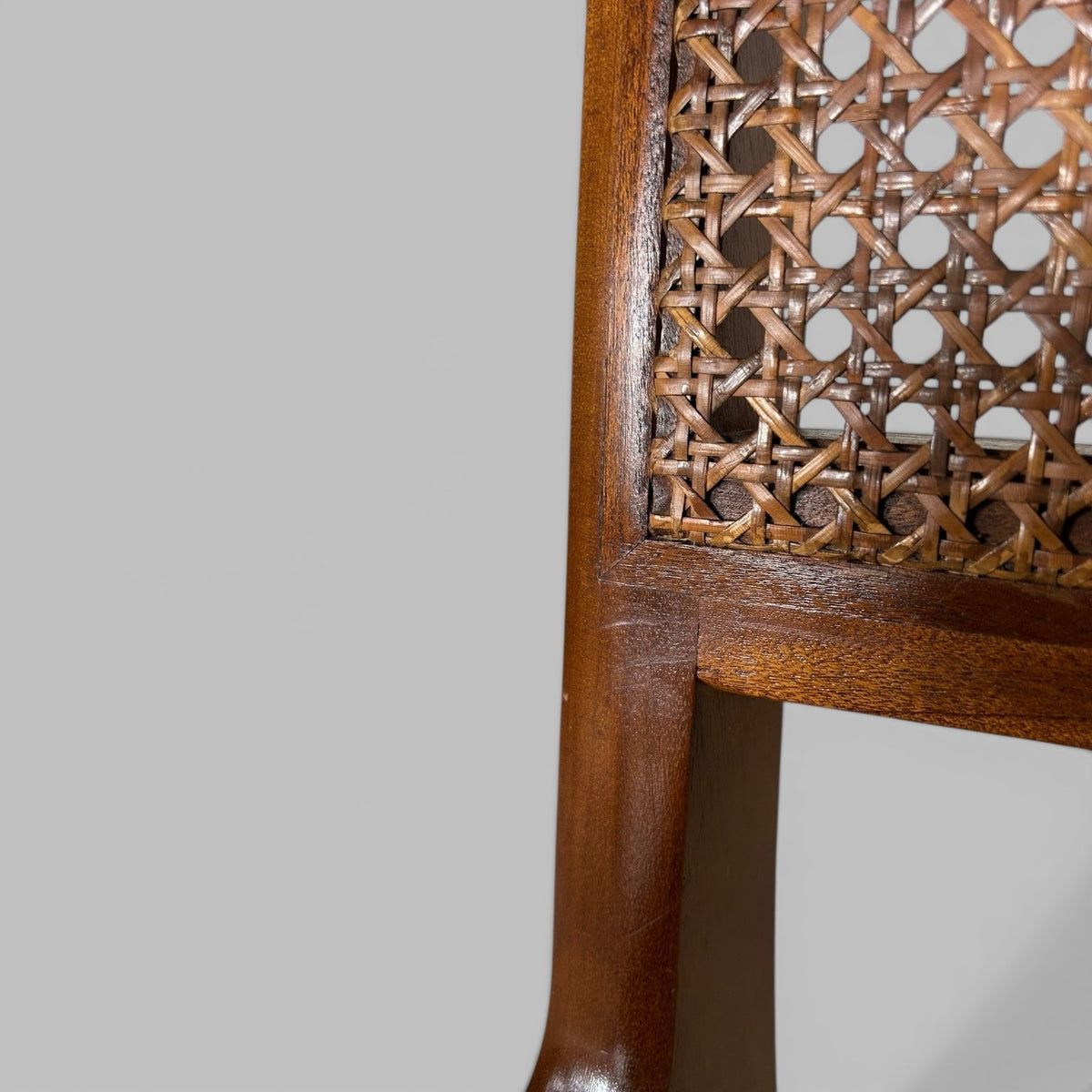 Set of 4 mid century teak dining chairs with cane backs, British vintage