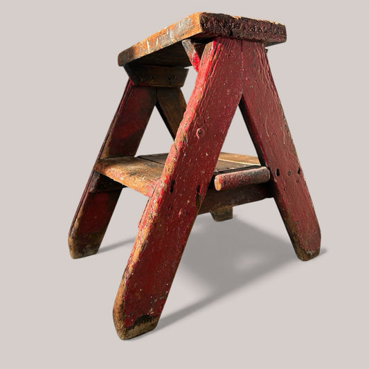 Vintage Wooden Step Stool with Red Paint Patina