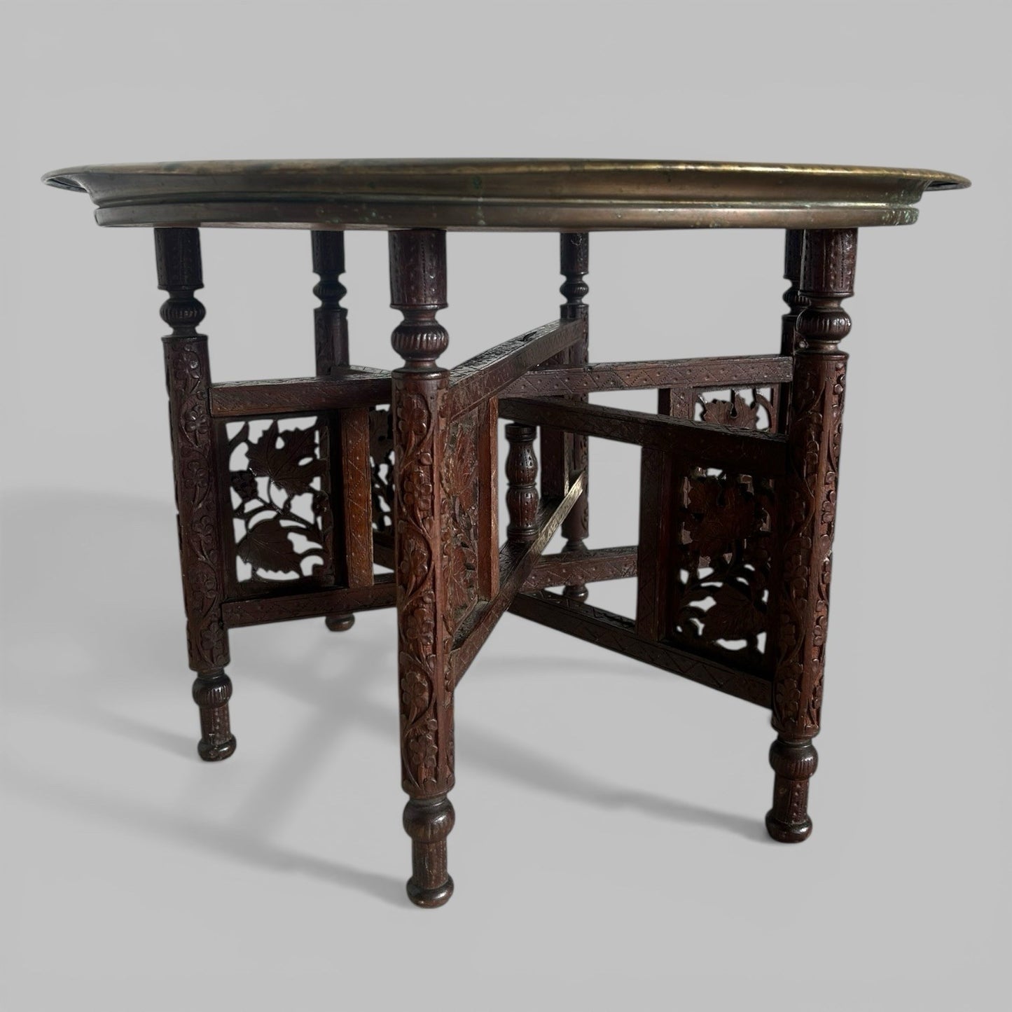 Carved Indian Folding Table with Brass Tray Top – Teak Base