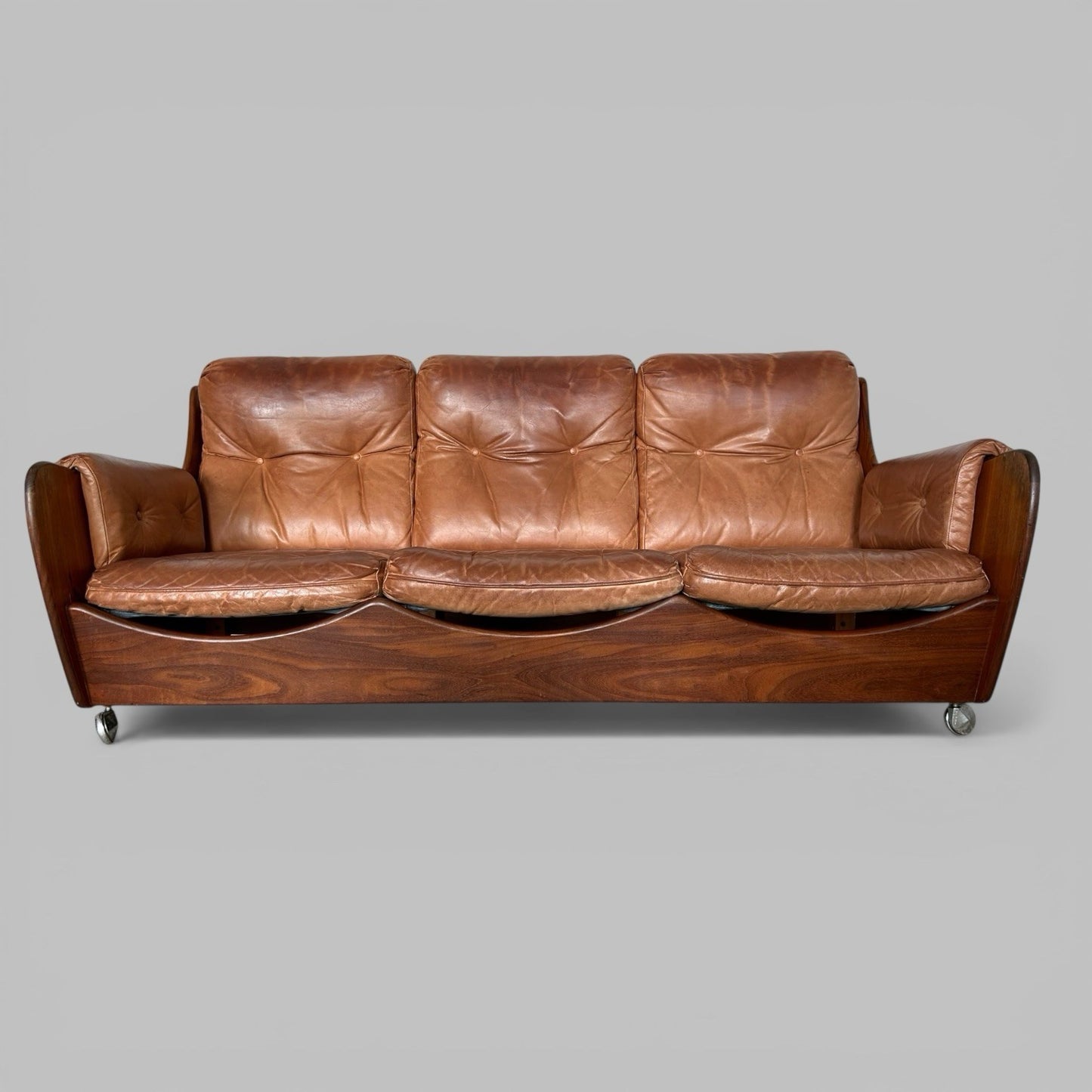 G Plan Saddleback Leather Three Seat Sofa Teak Frame Mid Century