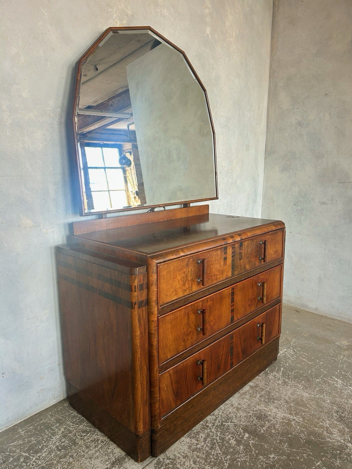 1930s Art Deco Dresser with Mirror – Vintage Chest of Drawers.