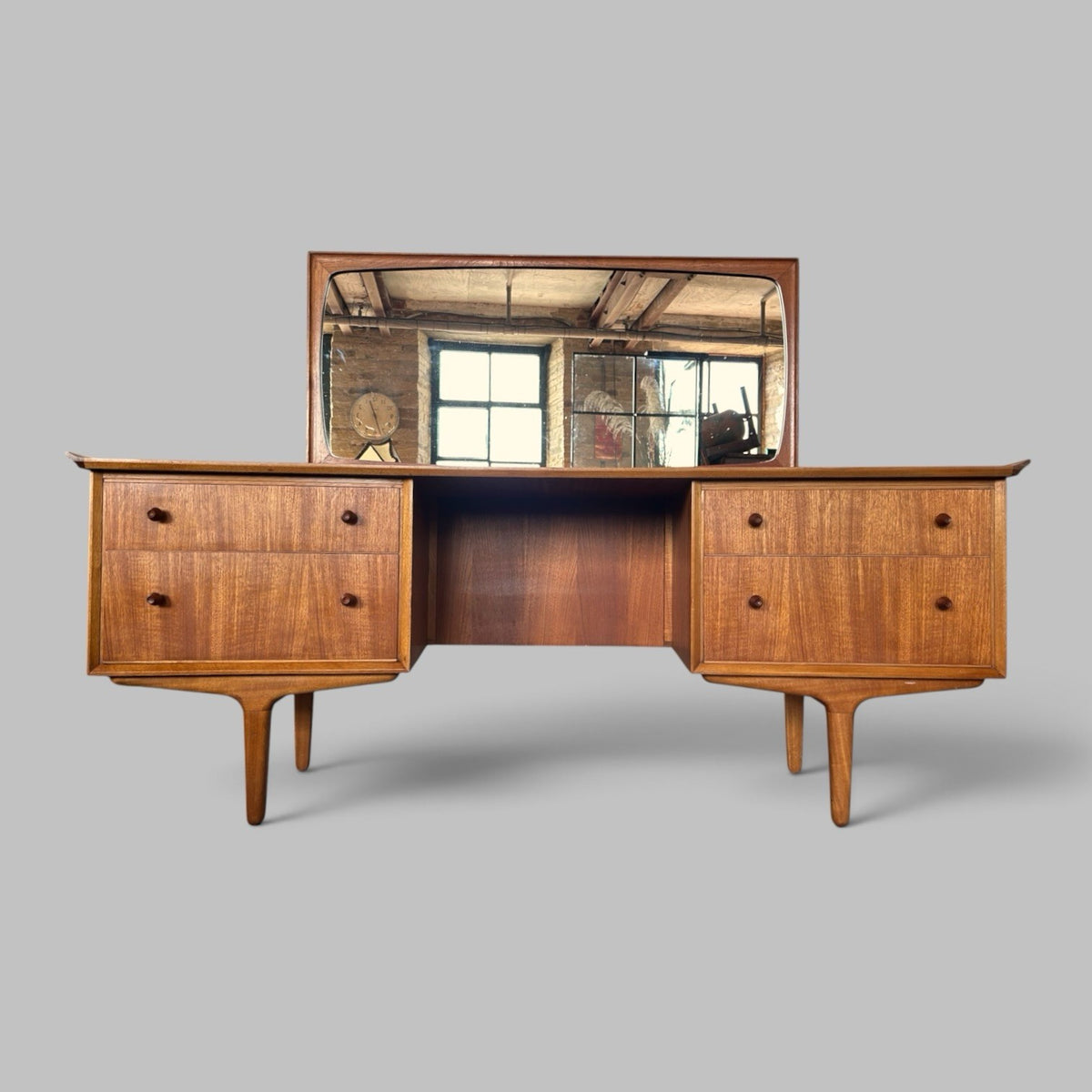 1960s Vesper Bow Front Dressing Table with Sculpted Teak Mirror