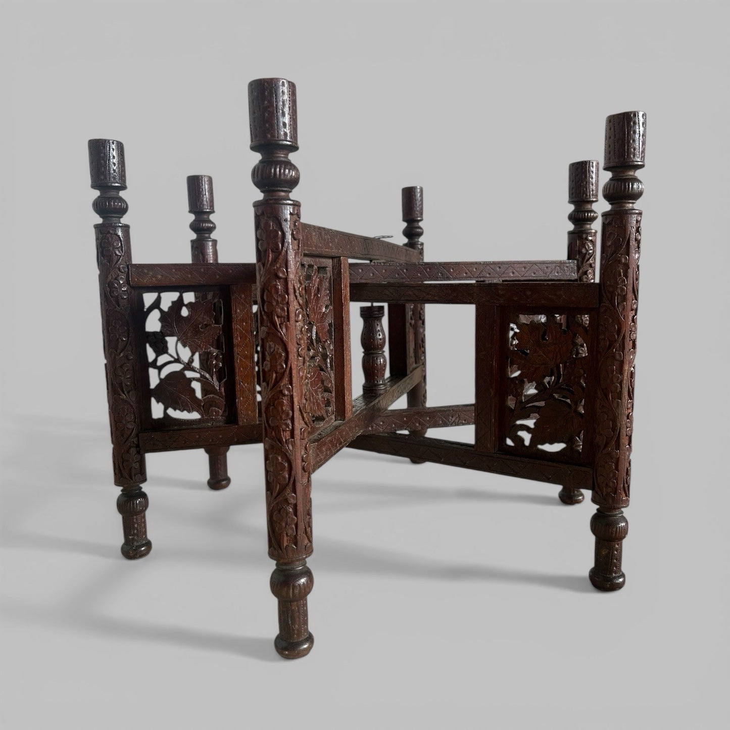 Carved Indian Folding Table with Brass Tray Top – Teak Base
