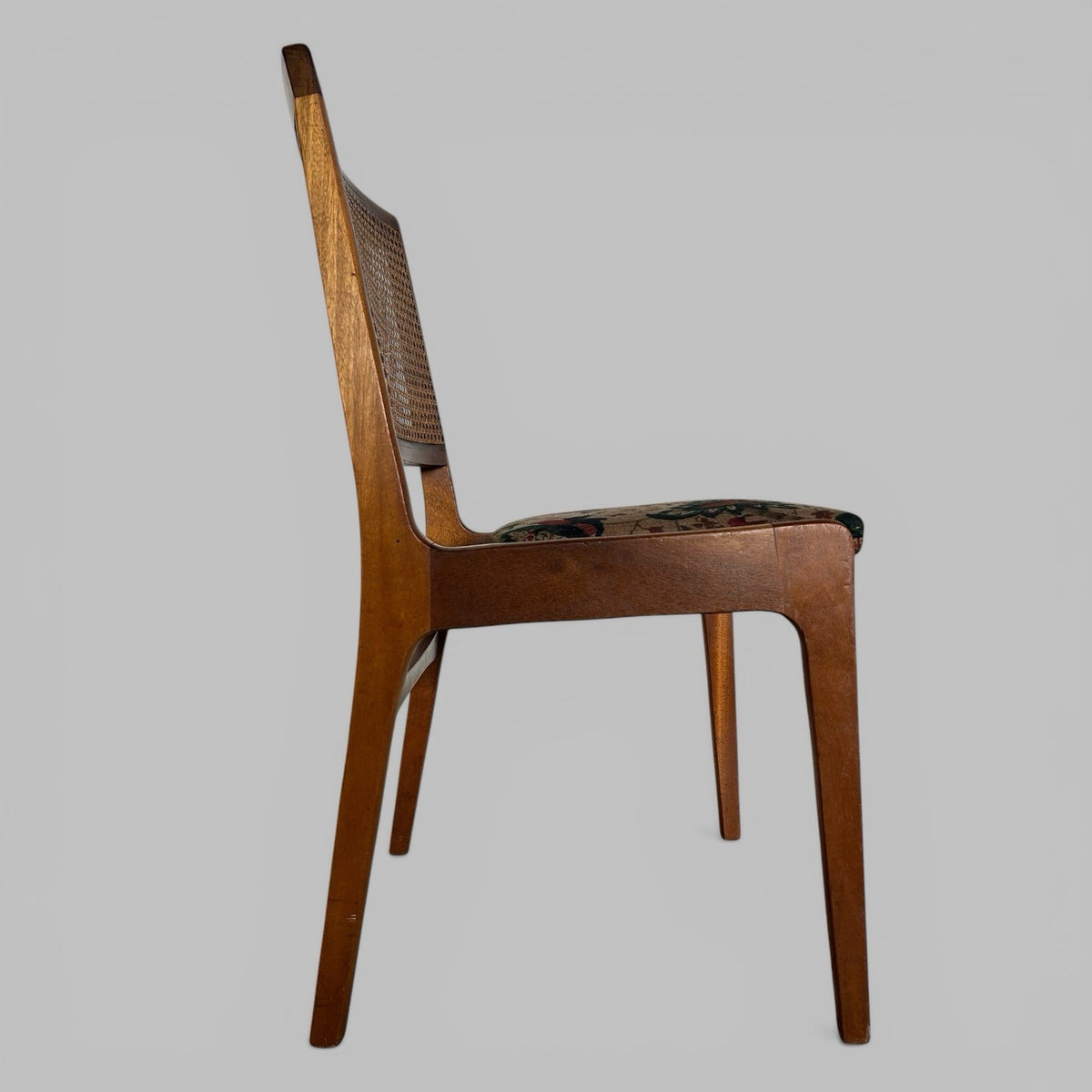 Set of 4 mid century teak dining chairs with cane backs, British vintage