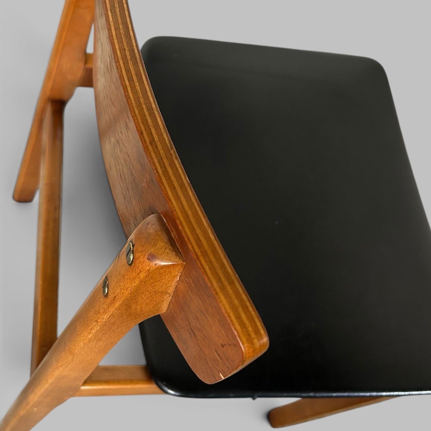 Vintage Teak Dining Chairs with Black Vinyl Seats – Set of Four