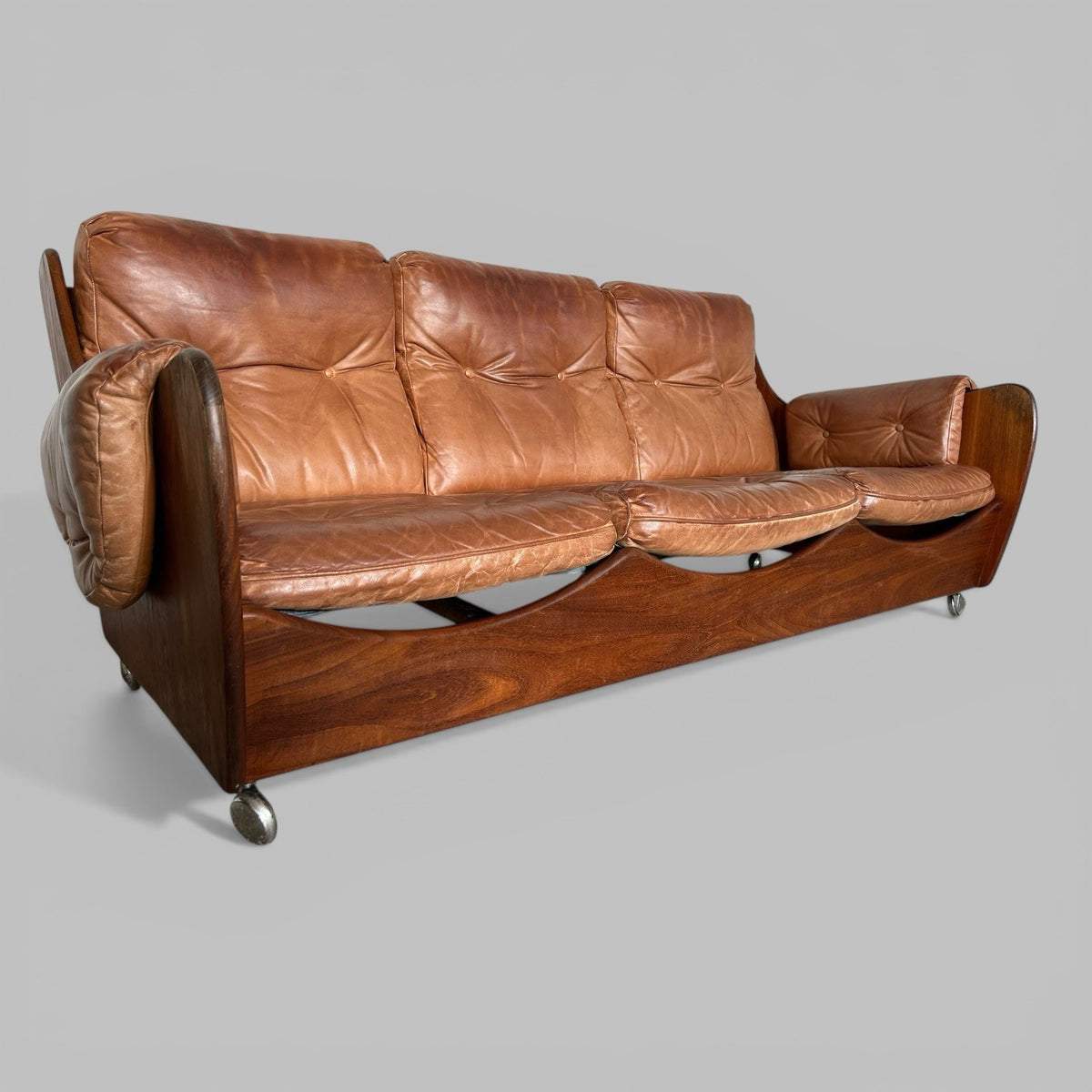G Plan Saddleback Leather Three Seat Sofa Teak Frame Mid Century