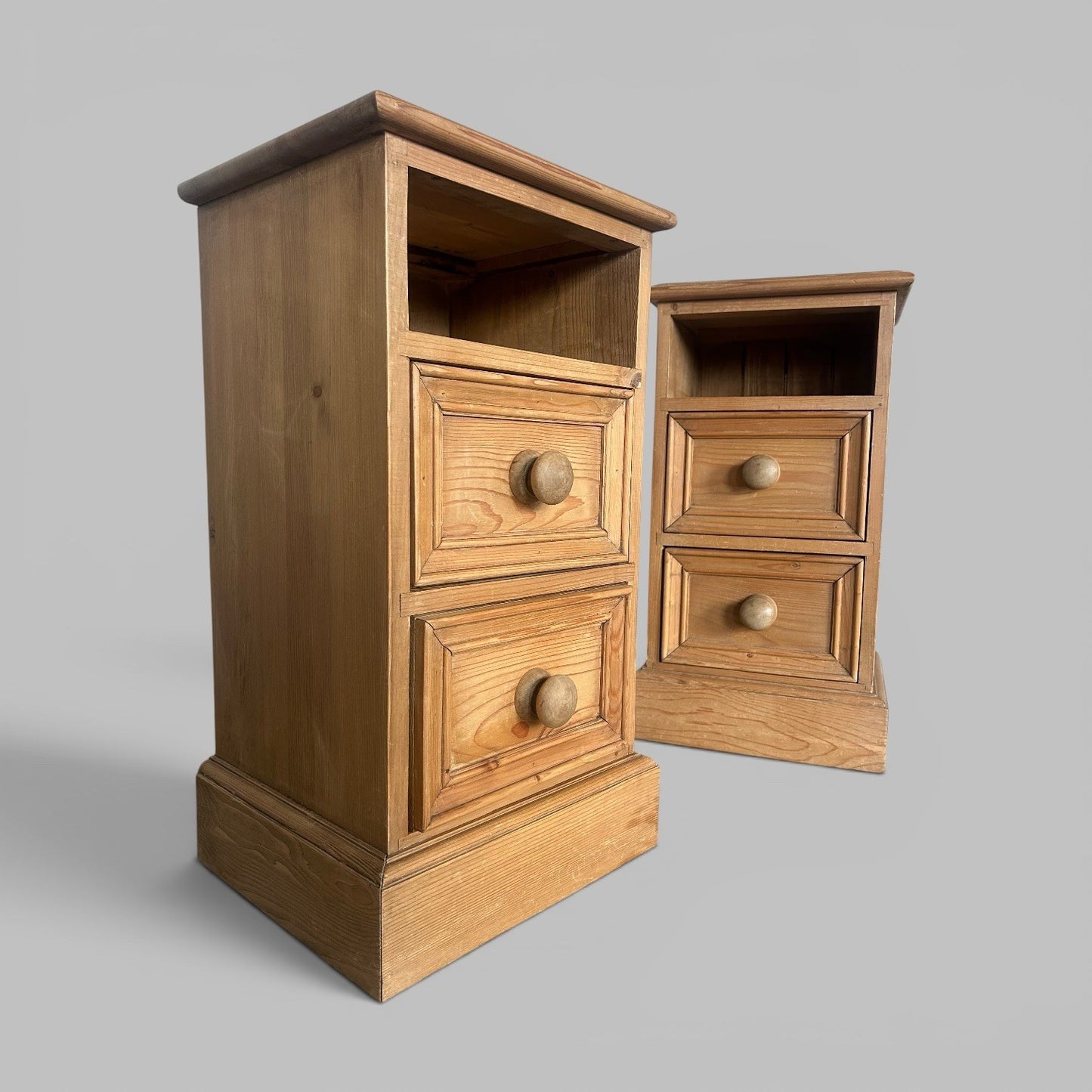 Vintage Pair of Pine Bedside Cabinets – Two Drawers & Open Shelf