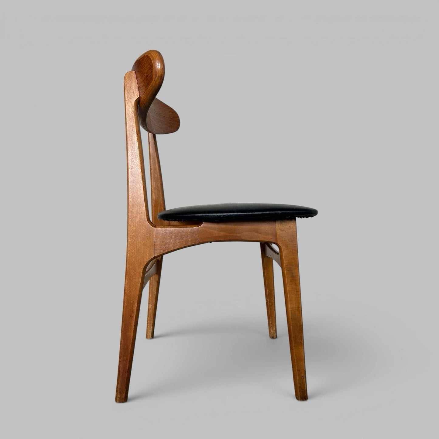 Vintage Teak Dining Chairs – Set of Four with Black Vinyl Seats