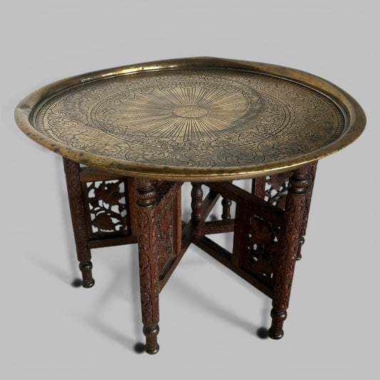 Carved Indian Folding Table with Brass Tray Top – Teak Base
