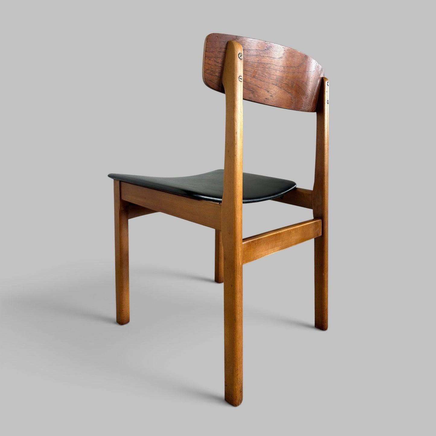 Vintage Teak Dining Chairs with Black Vinyl Seats – Set of Four