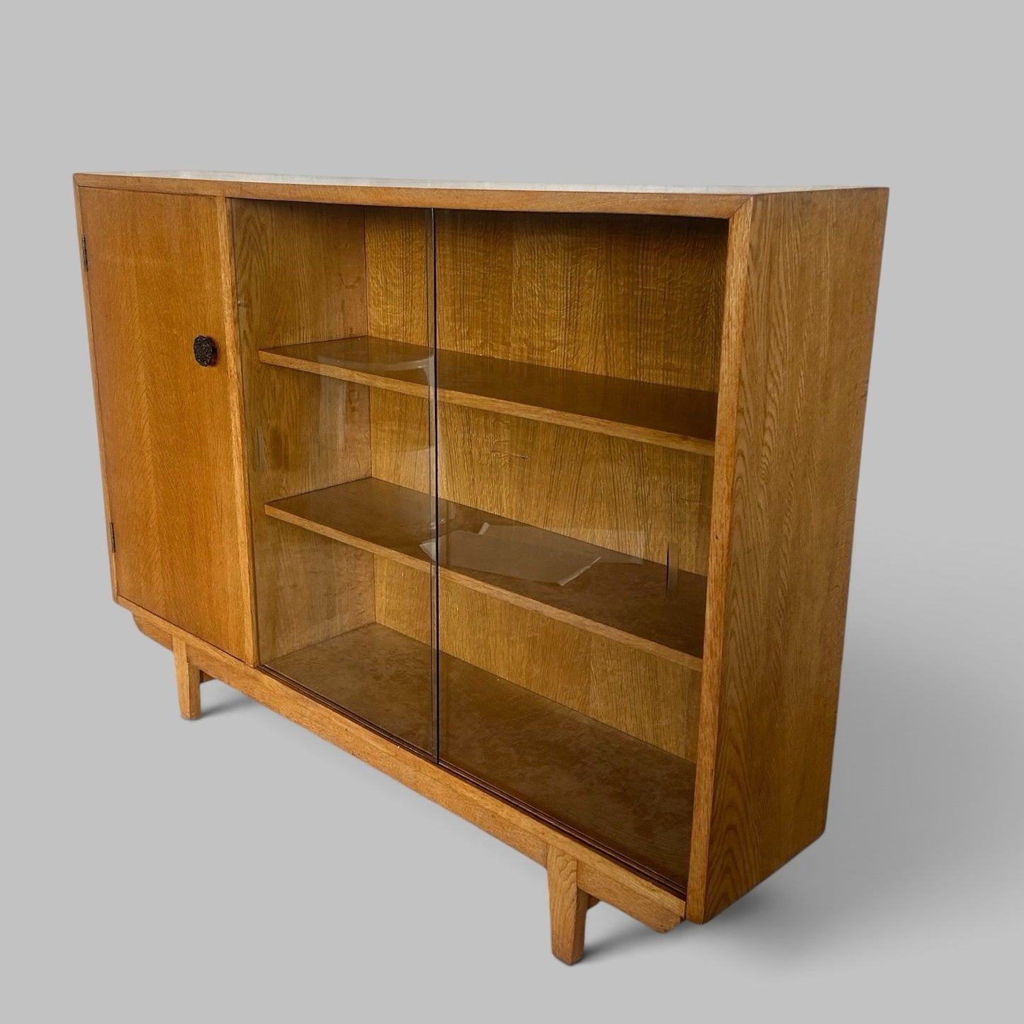 Mid Century Solid Oak Glazed Bookcase with Cupboard