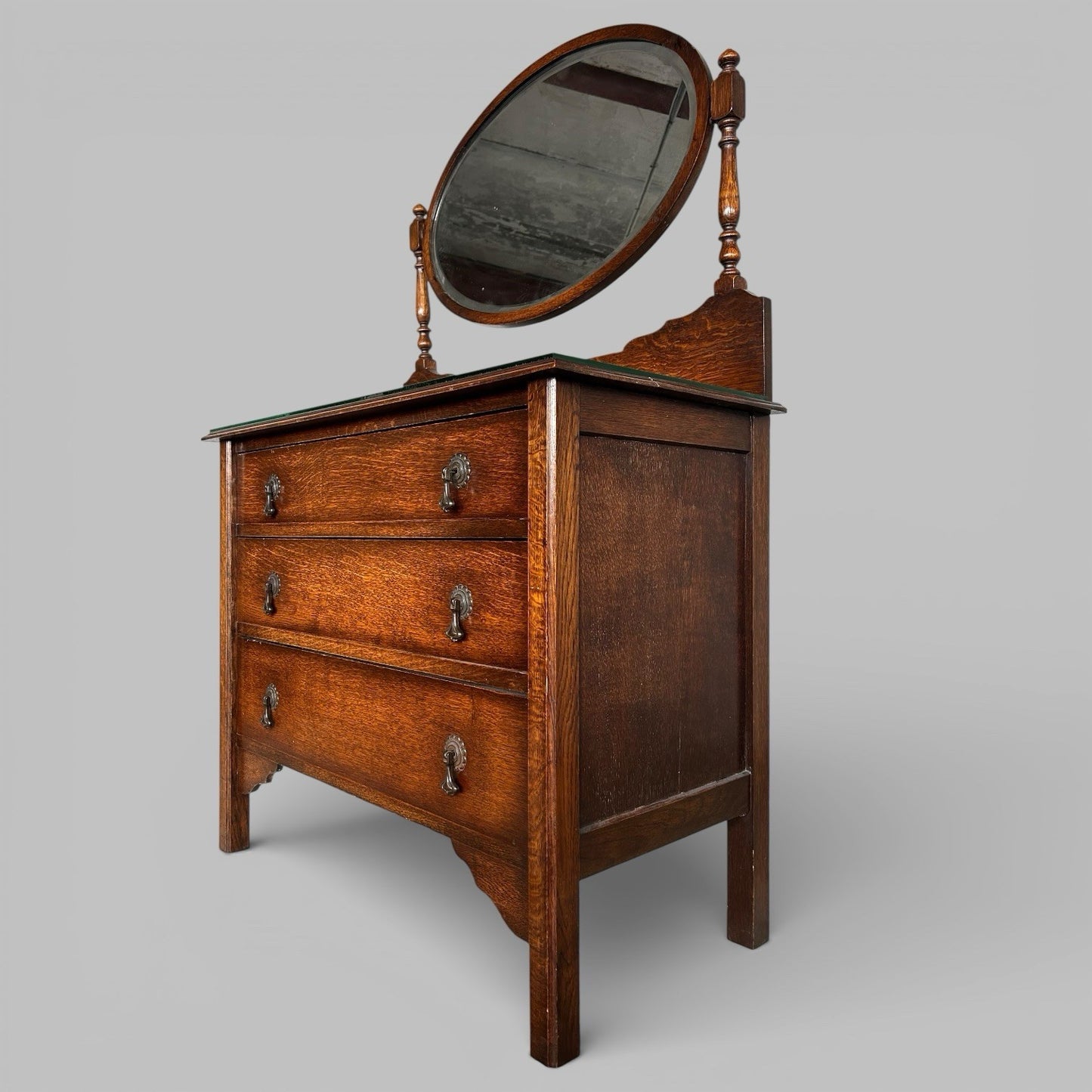 Antique Solid Oak Dresser with Mirror – Vintage Vanity Chest of Drawers