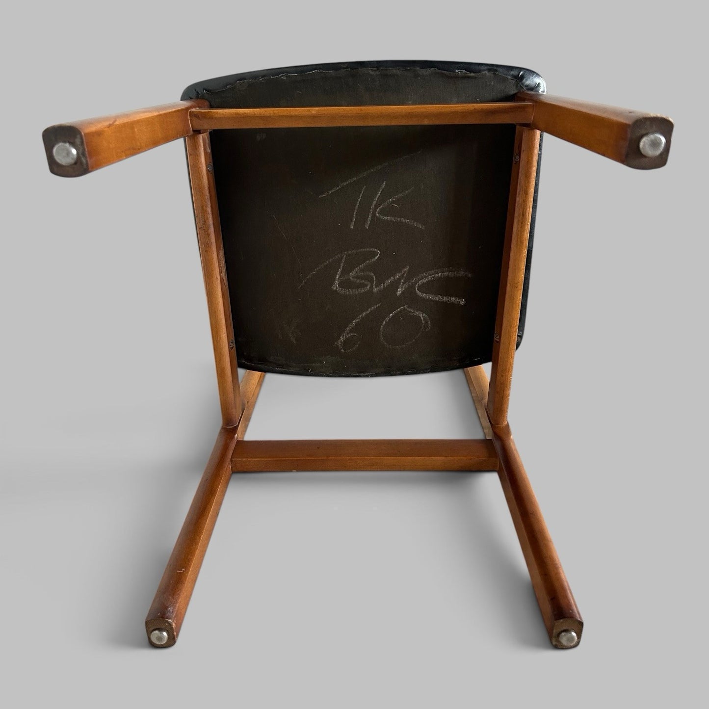 Vintage Teak Dining Chairs with Black Vinyl Seats – Set of Four