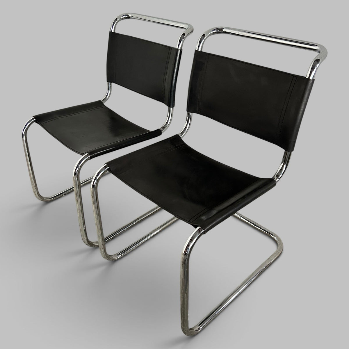 Pair of Italian Black Leather & Chrome Cantilever Chairs