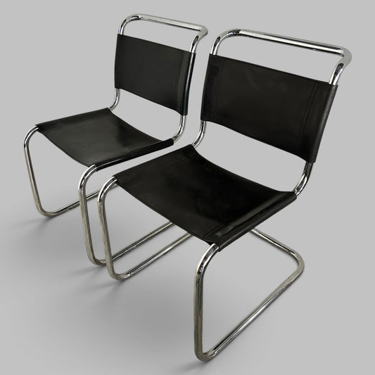 Pair of Italian Black Leather & Chrome Cantilever Chairs