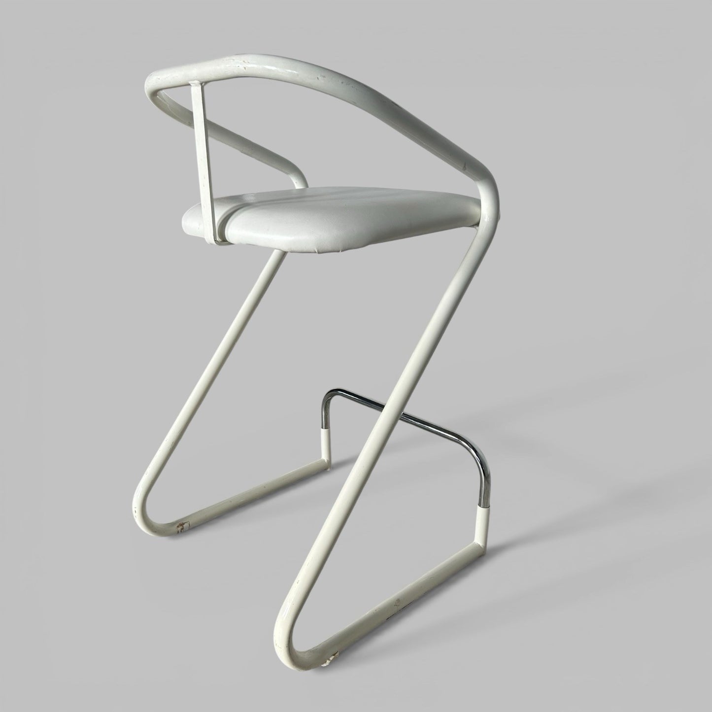 Postmodern Cantilever Stool – White Metal Bar or Breakfast Stool