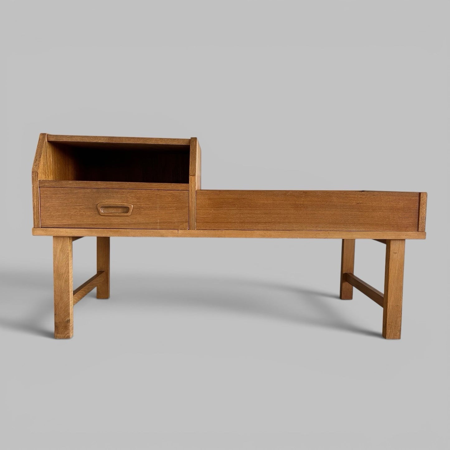 Mid Century Reversible Teak Hall Bench with Side Table & Drawer