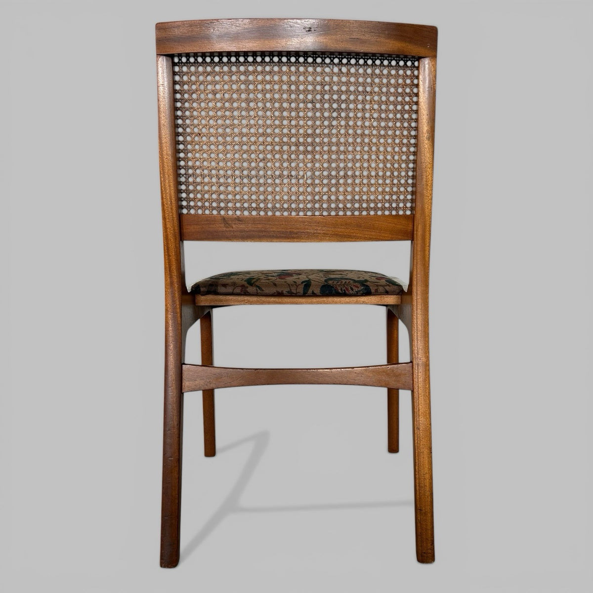 Set of 4 mid century teak dining chairs with cane backs, British vintage