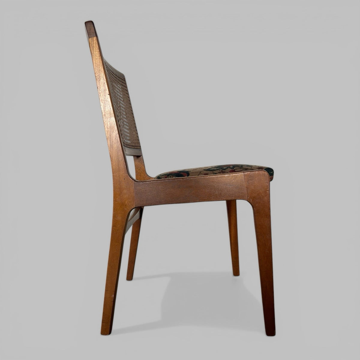 Set of 4 mid century teak dining chairs with cane backs, British vintage