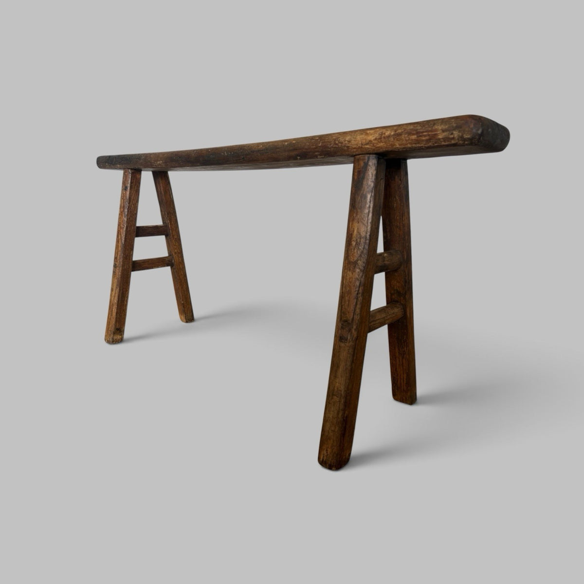 Rustic Elm Bench with A-Frame Legs and Worn Patina