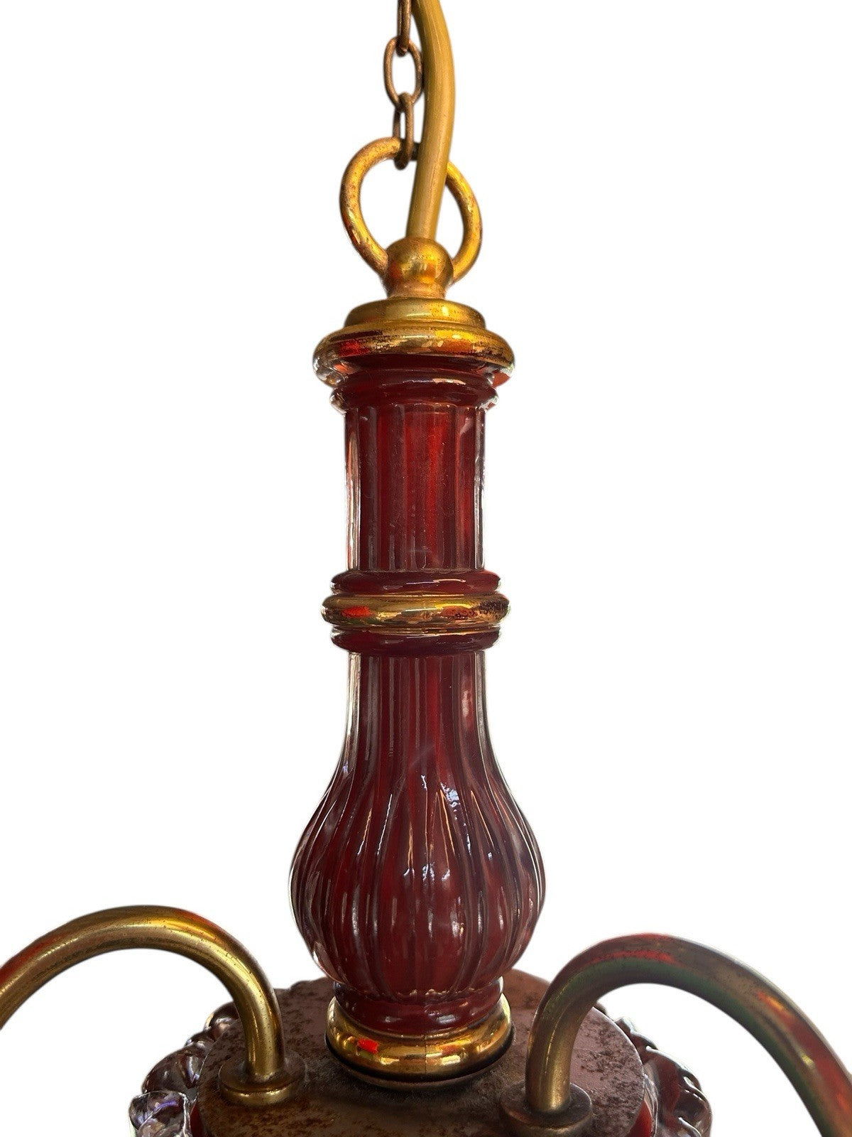 French red glass three arm chandelier / boudoir light, pendant