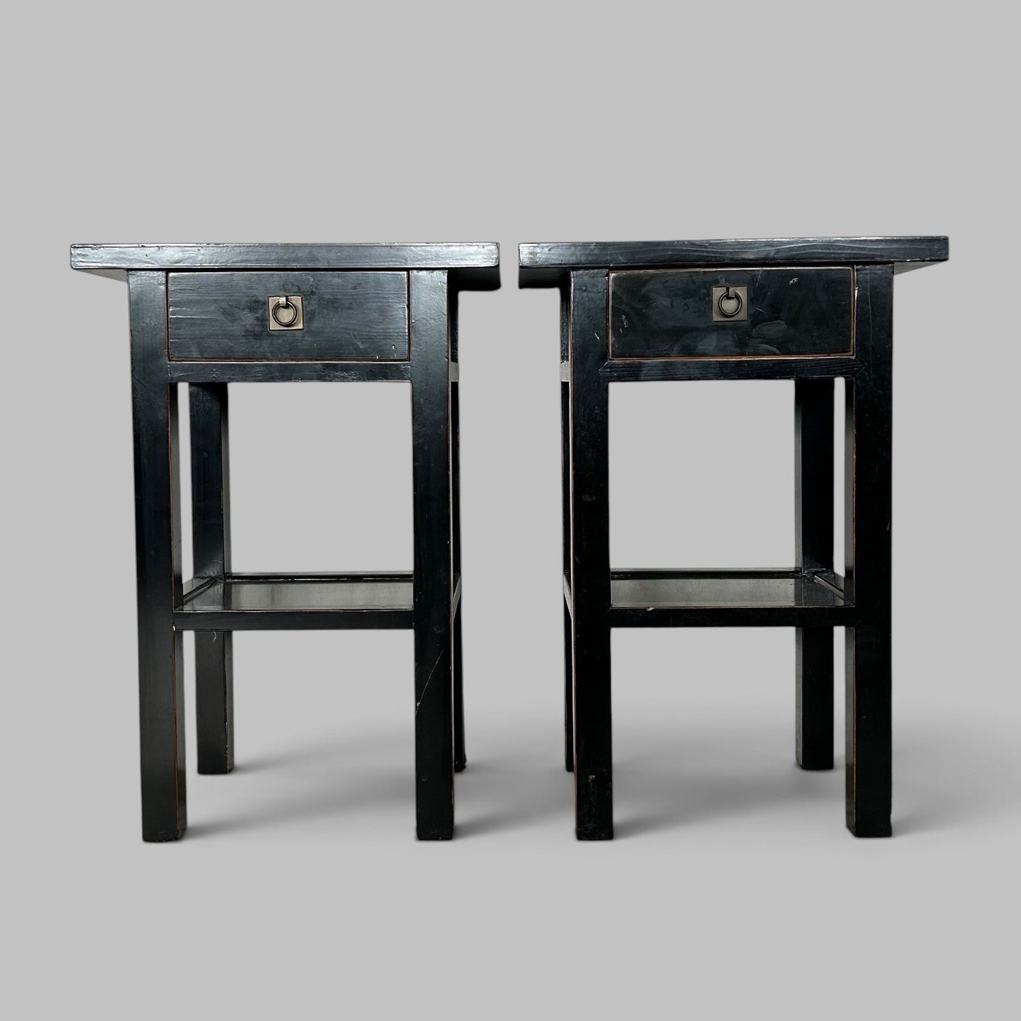 Pair of Black Lacquered Wood Bedside Tables with Drawers