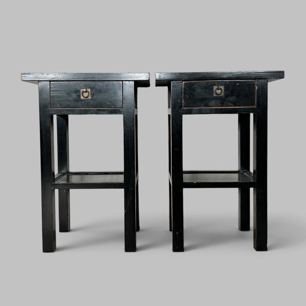 Pair of Black Lacquered Wood Bedside Tables with Drawers