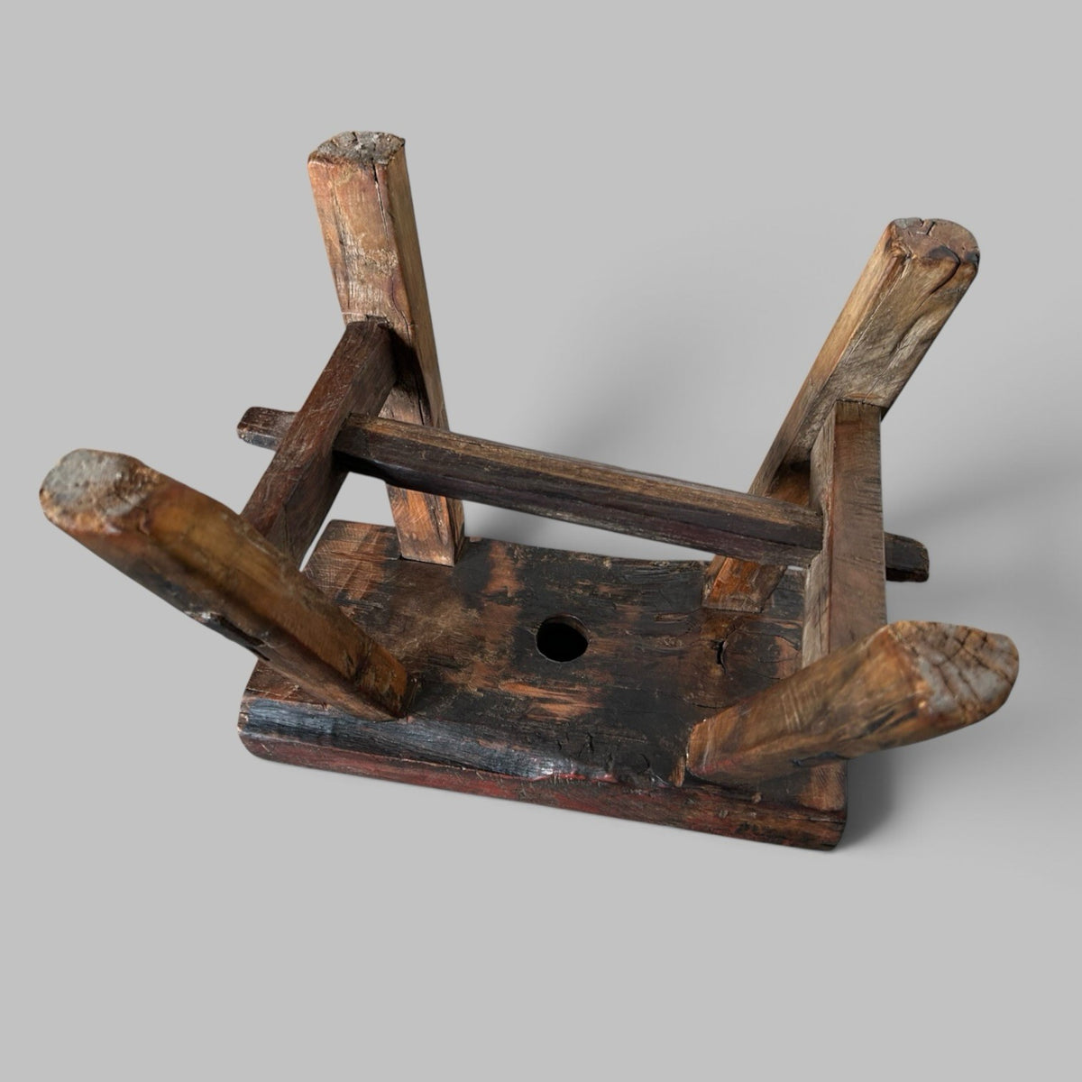 Rustic Elm Stool with Red Paint Patina