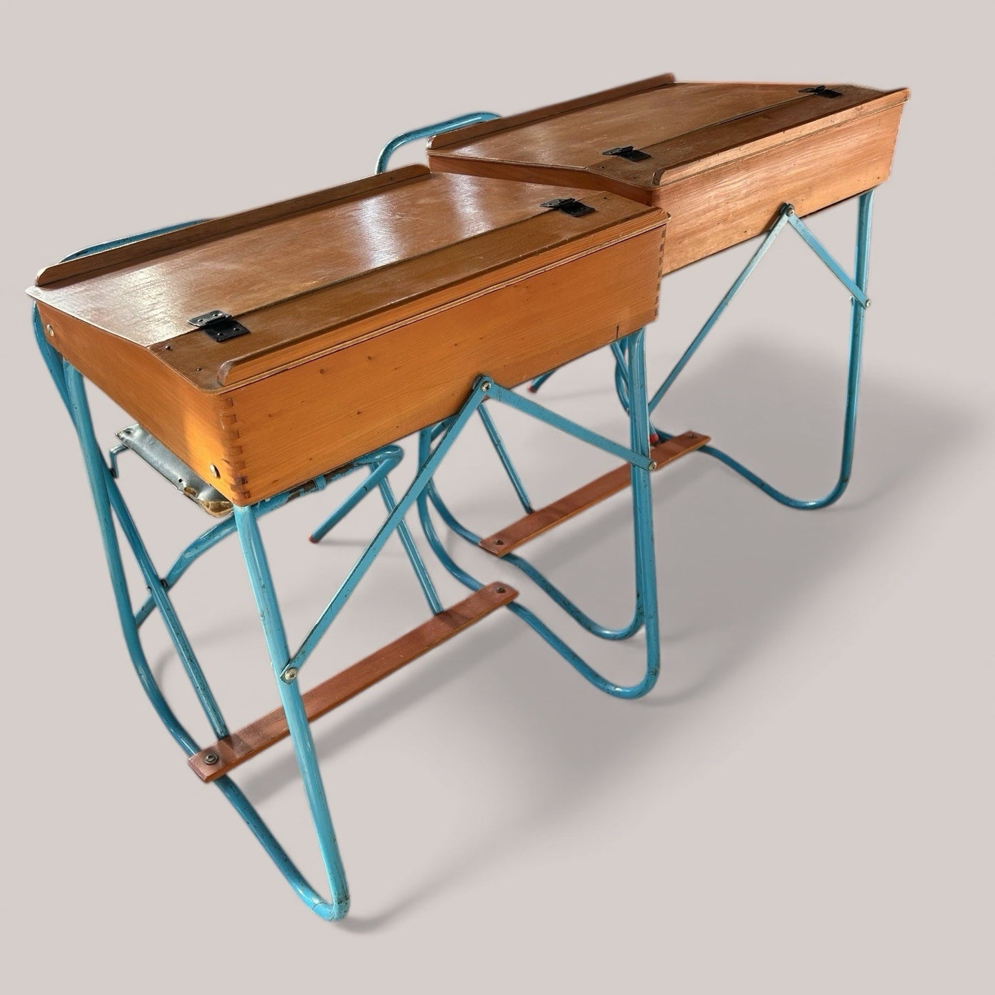 1960s Blue Metal & Pine Children’s School Desk Set