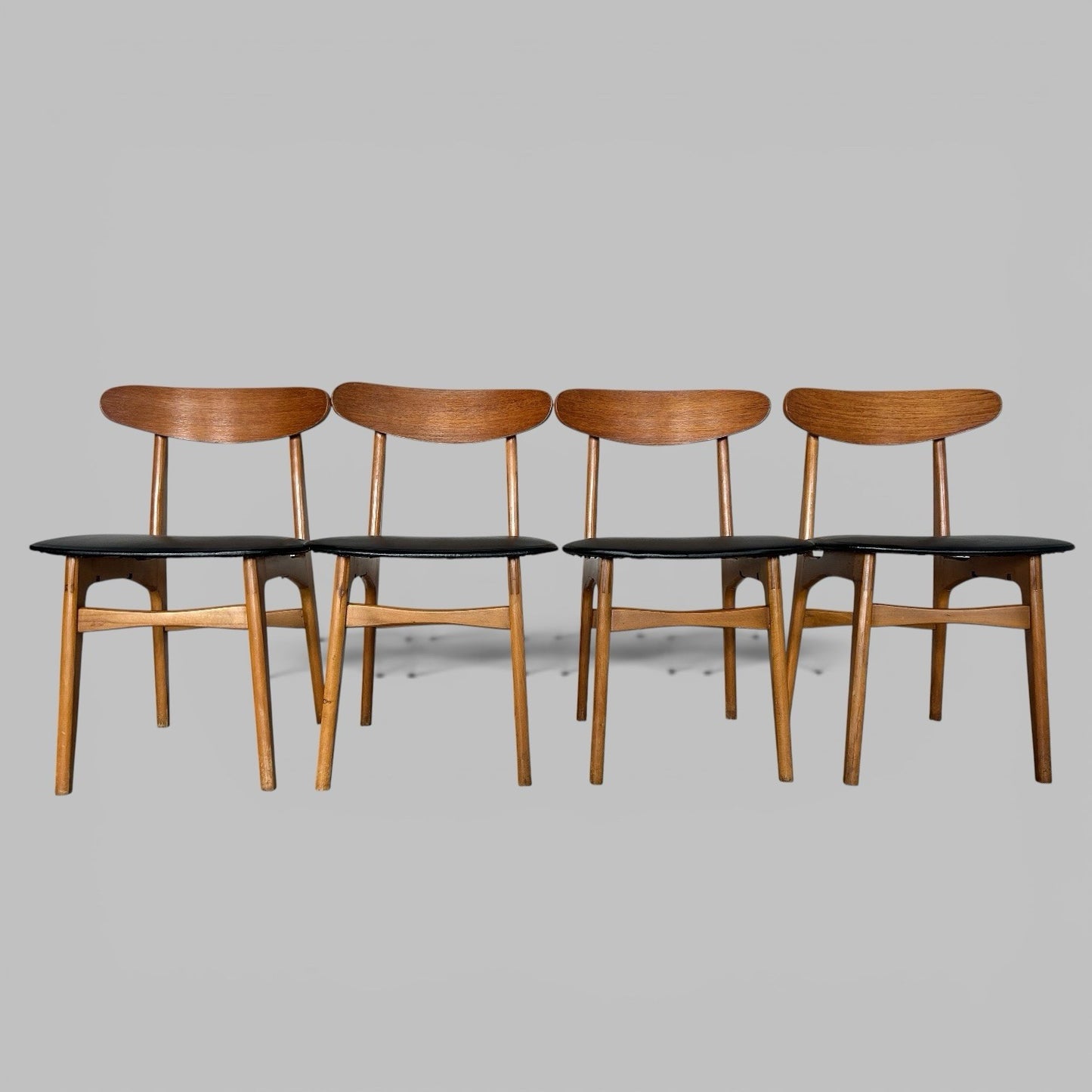 Vintage Teak Dining Chairs – Set of Four with Black Vinyl Seats