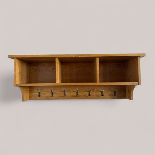 Solid Oak Wall-Mounted Coat Rack with Shelf and Cubby Storage