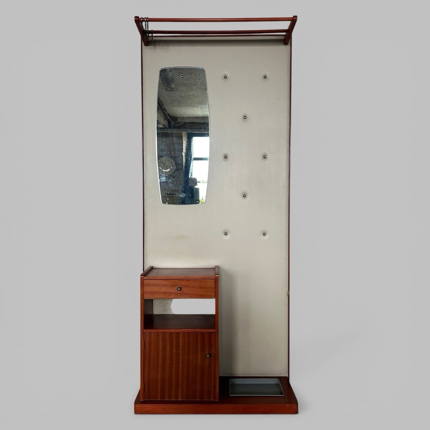1960s Teak Hall Stand – Mirror Back with Drawer, Cupboard and Umbrella Tray
