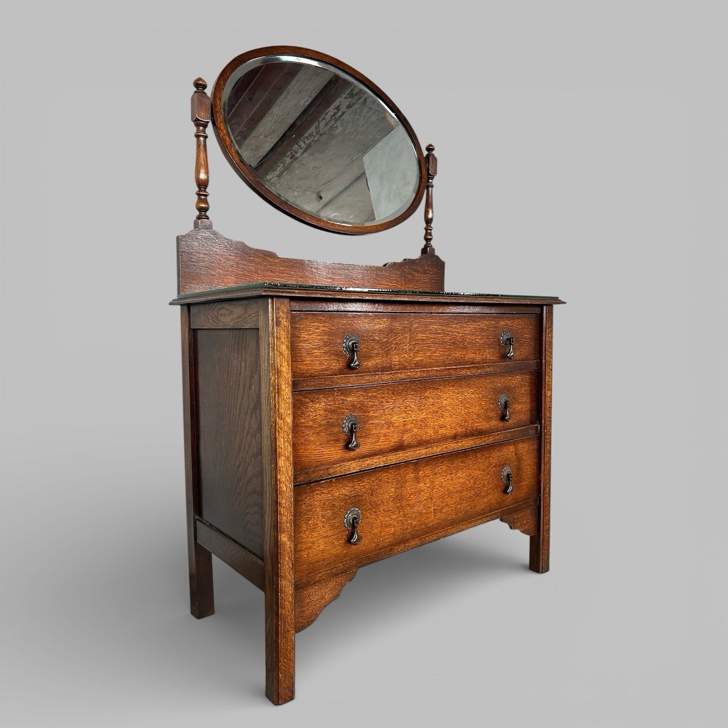 Antique Solid Oak Dresser with Mirror – Vintage Vanity Chest of Drawers