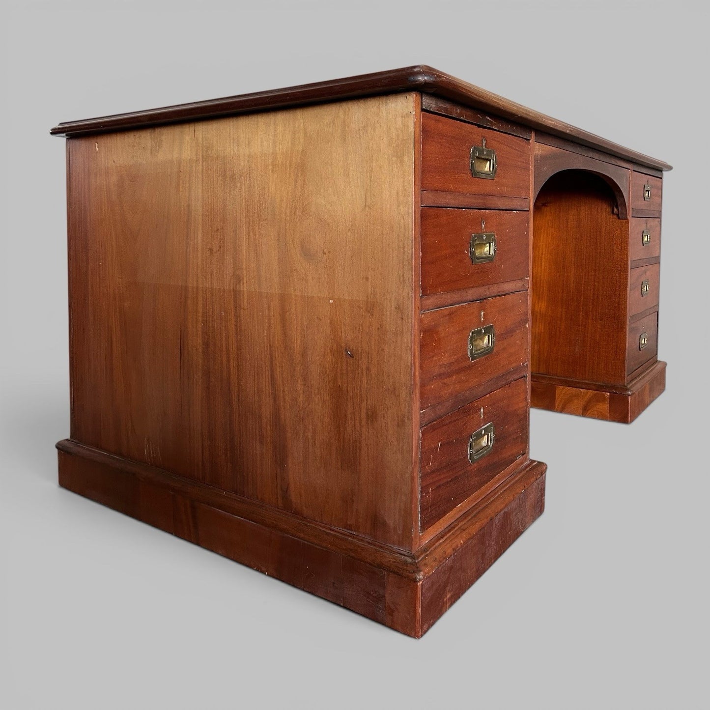 Large Solid Teak Pedestal Desk with Leather Top